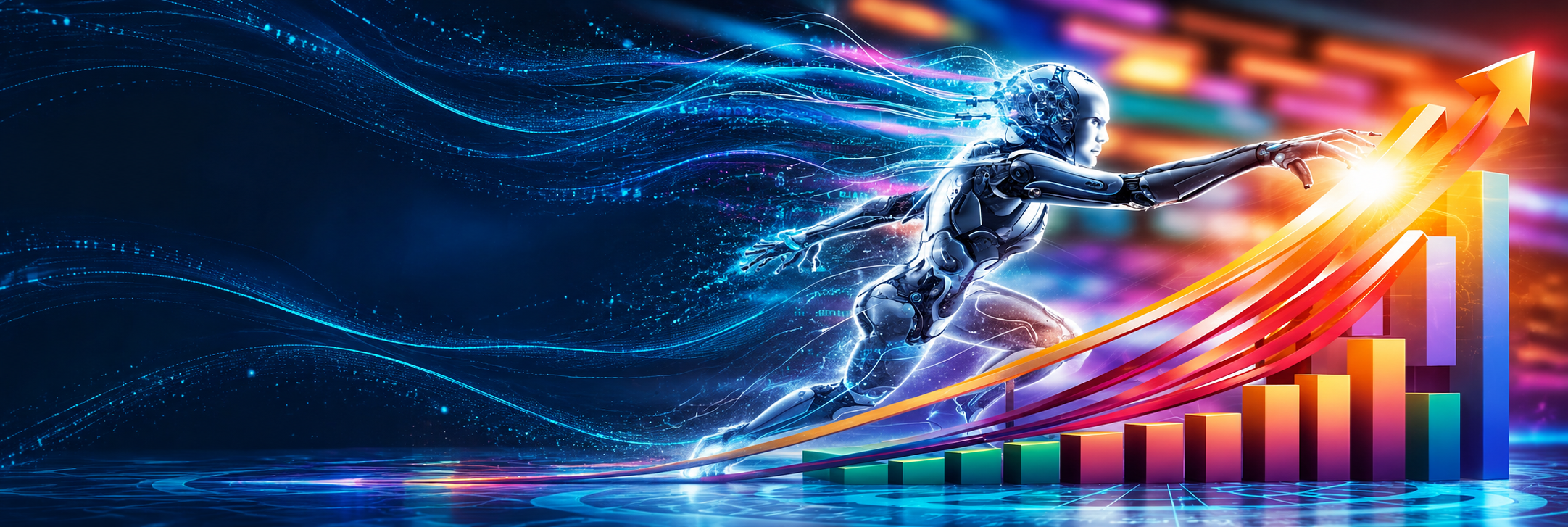AI growth illustration with a robot and rising arrows